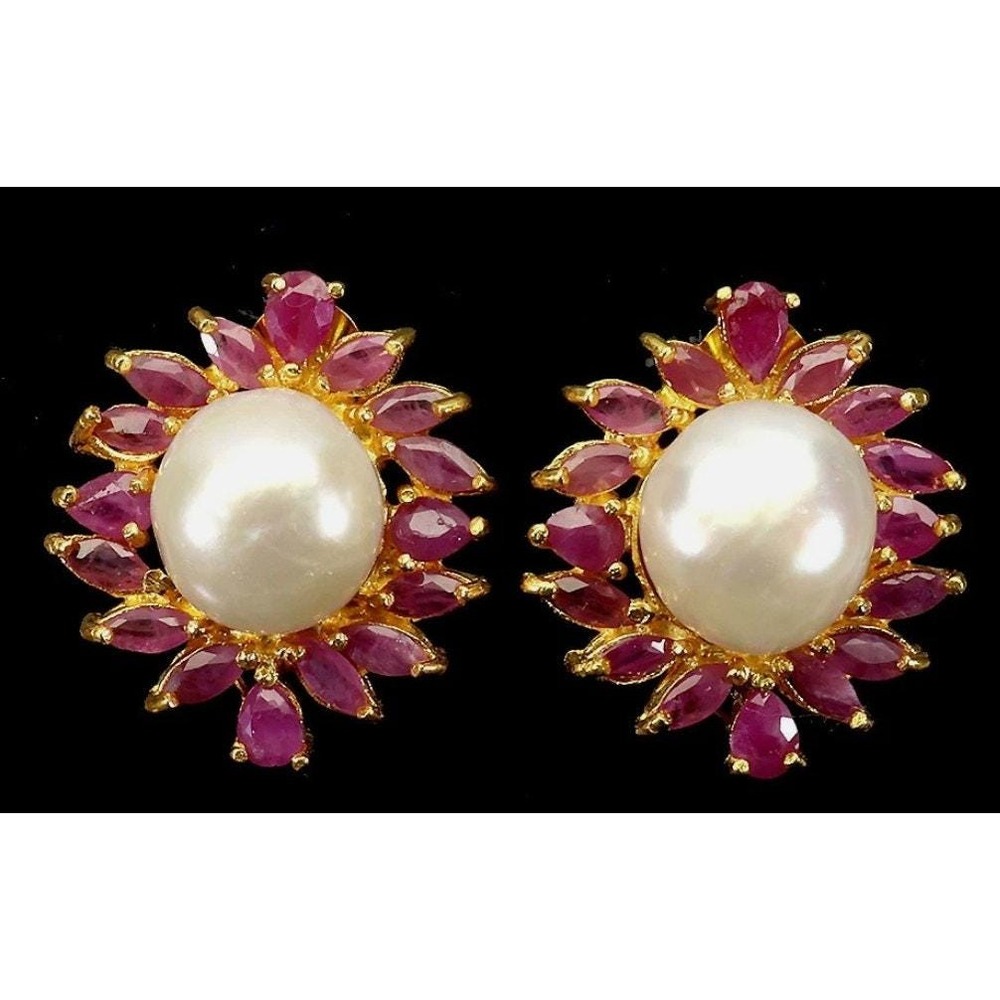 Natural Pearl Ruby Gemstone Yellow Gold Earrings 5x3mm 14K Gilded 925 Silver